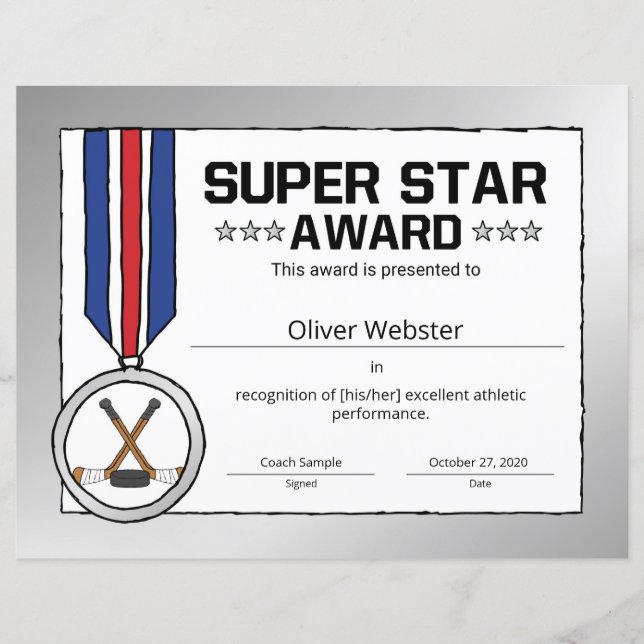 Super Star Hockey Player Award Hockey Certificate (Front)
