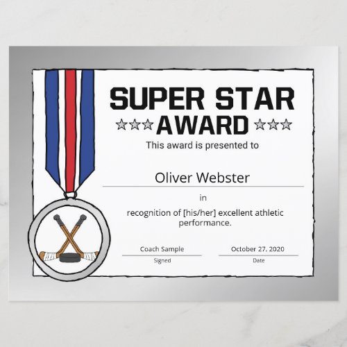 Super Star Hockey Player Award Hockey Certificate