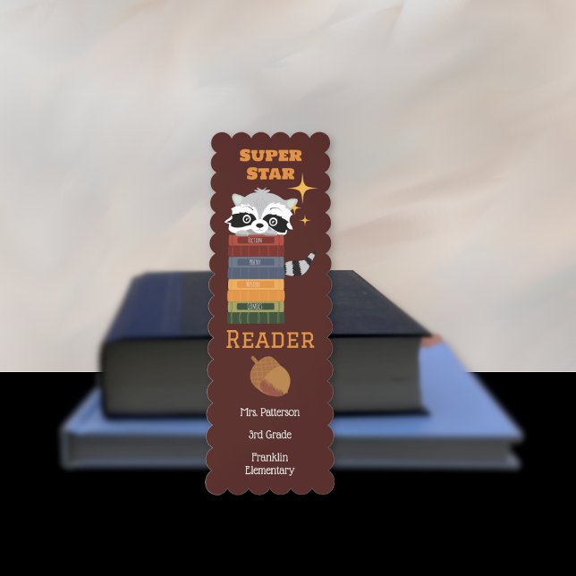 Super Star Reader Kid Maroon Scalloped Bookmark (Super star reader kid scalloped bookmark featuring a raccoon with books . )
