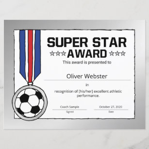 Super Star Soccer Player Award Soccer Certificate