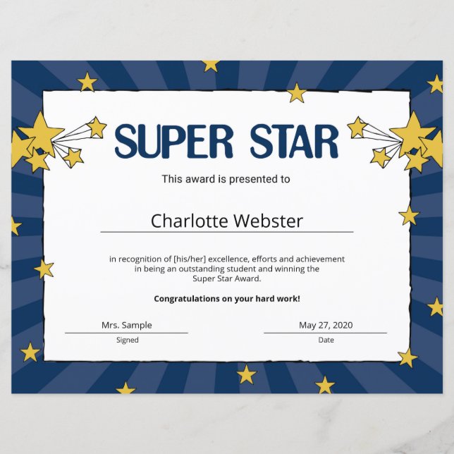 Super Star Student Recognition Certificates (Front)