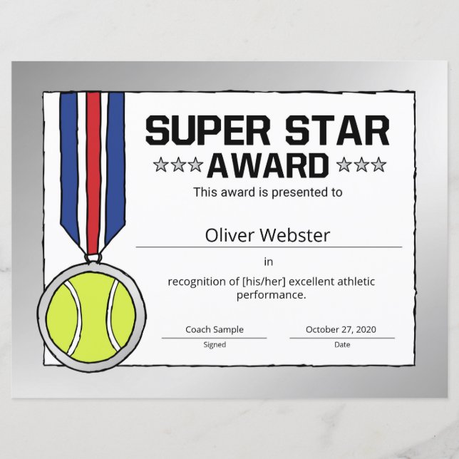 Super Star Tennis Player Award Tennis Certificate (Front)