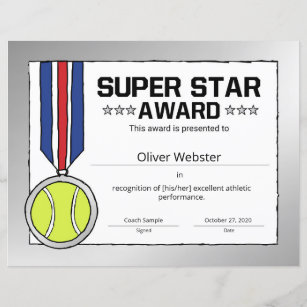Super Star Tennis Player Award Tennis Certificate | Zazzle