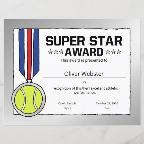 Super Star Tennis Player Award Tennis Certificate