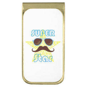 Super Star with sunglasses and mustache Gold Finish Money Clip