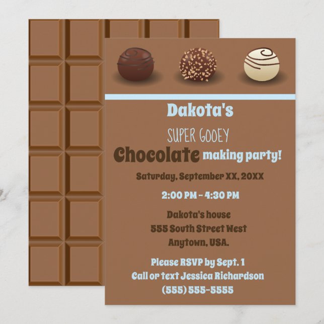 Super Sweet Chocolate Making Birthday Party Blue Invitation (Front/Back)