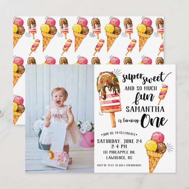 Super Sweet Ice Cream First Birthday Invitation (Front/Back)