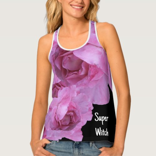 Super Witch brand stylish floral pink roses black Tank Top