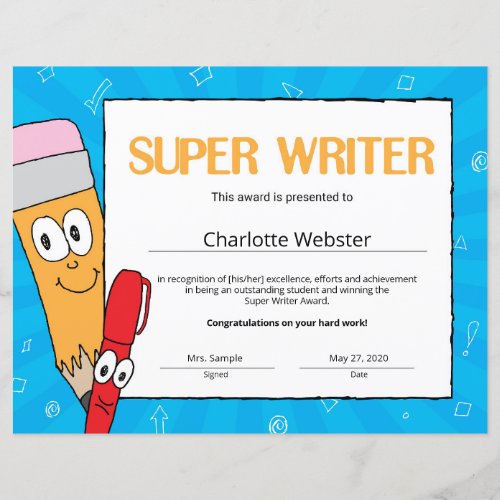 Super Writer Student Recognition Certificates