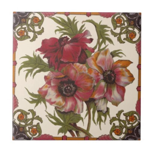 Superb Antique Poppies c1890 Warm Colors Repro Ceramic Tile