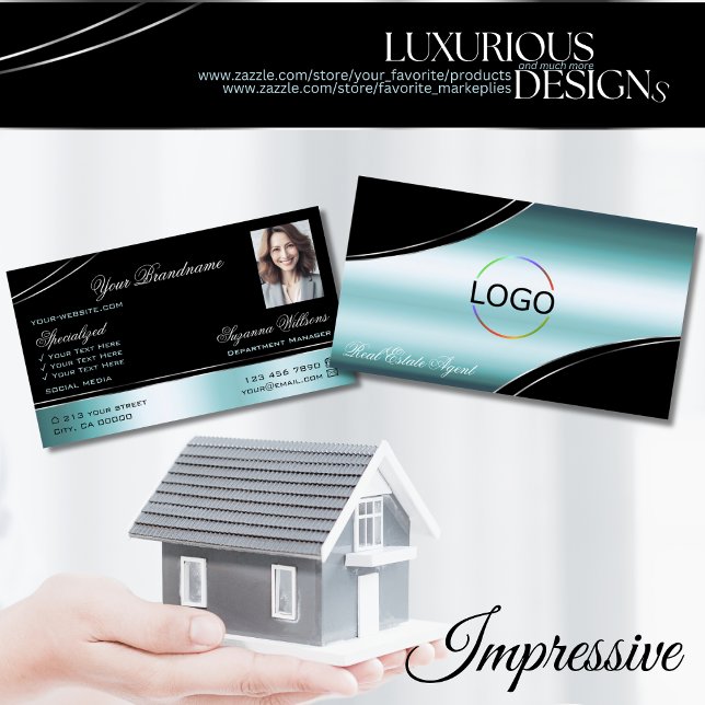 Superb Black Teal Curved Decor Lines Logo Photo Business Card (Creator Uploaded)