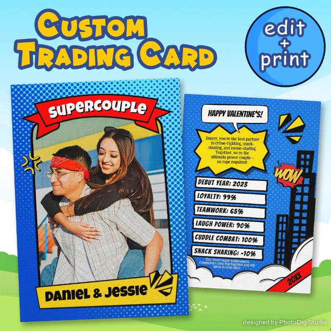 Supercouple Custom Couple Valentines Trading Card (Supercouple Comic Card, Custom Couple Trading Card, Valentines Gift)