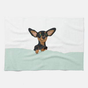 Supercute dachshund puppy under green duvet towel