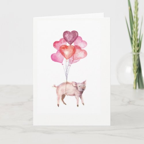 Supercute watercolor pig with heart balloons holiday card