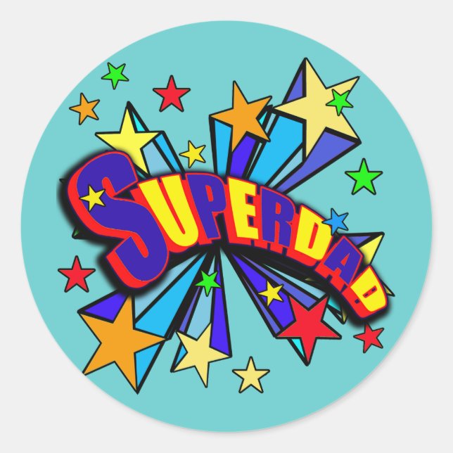 SuperDad! with Stars and Cartoon Design Classic Round Sticker (Front)