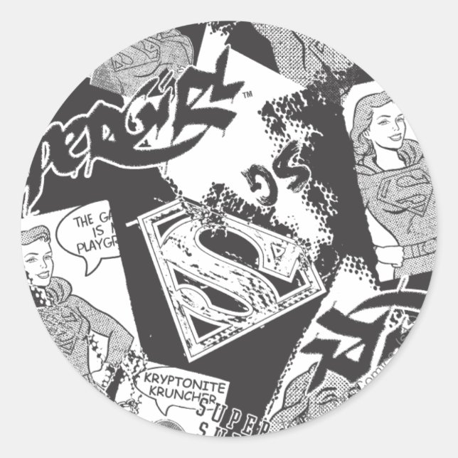 Supergirl Black and White Collage Classic Round Sticker (Front)