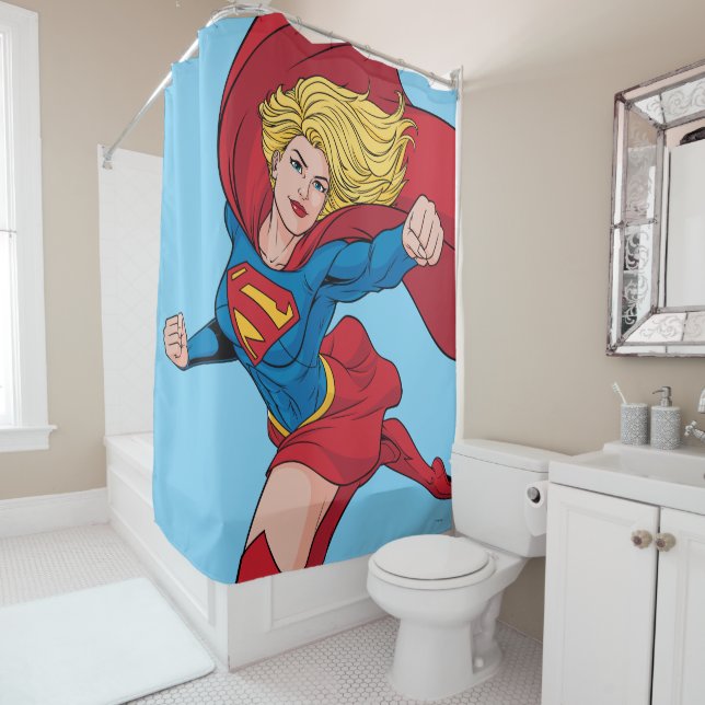 Supergirl Flying Upwards Illustration Shower Curtain (In Situ)