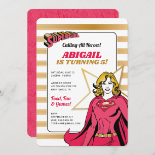 Supergirl Girls Pink and Gold Birthday Invitation