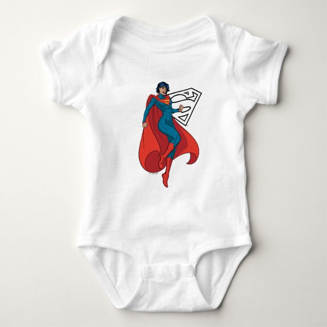 Supergirl Hovering in Blue Suit Baby Bodysuit (Front)