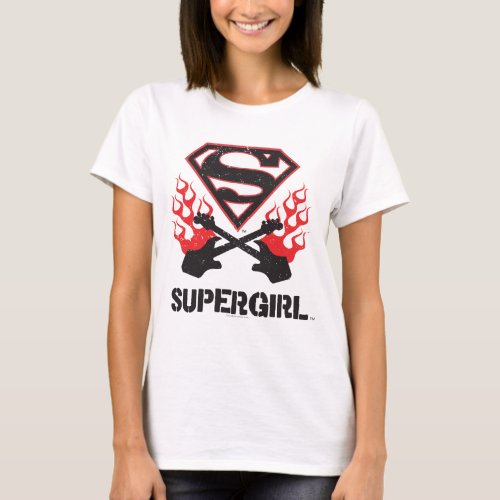 Supergirl Logo Black Flaming Guitars T_Shirt