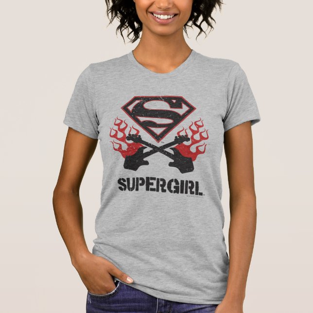 Supergirl Logo Black Flaming Guitars T-Shirt (Front)