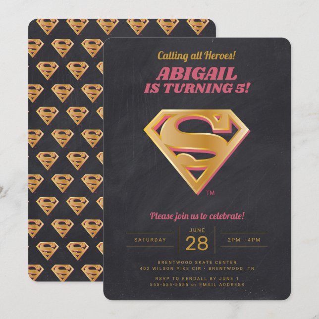 Supergirl Logo Pink and Gold Chalkboard Birthday Invitation (Front/Back)