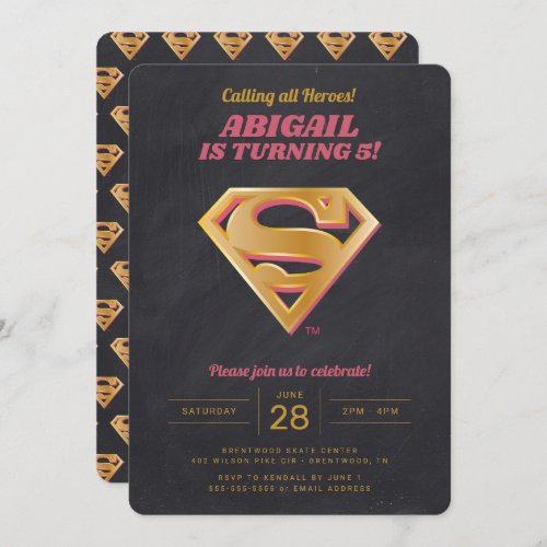 Supergirl Logo Pink and Gold Chalkboard Birthday Invitation
