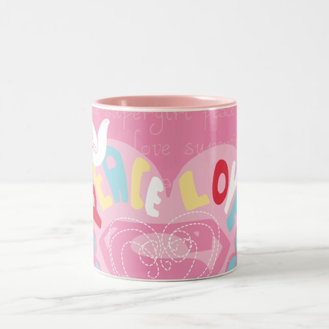 Supergirl Peace and Love Pink Two-Tone Coffee Mug (Center)