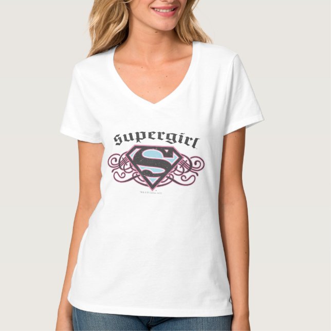Supergirl Pin Strips Black and Pink T-Shirt (Front)