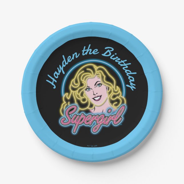 Supergirl Retro Neon Lights Graphic Paper Plates (Front)