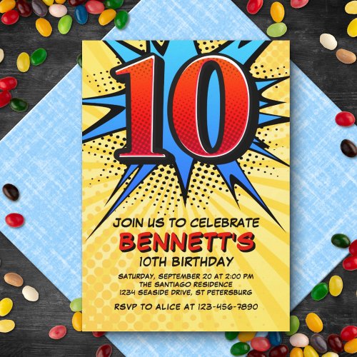Superhero 10th Birthday Invitation