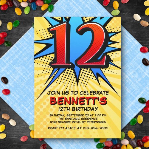 Superhero 12th Birthday Invitation