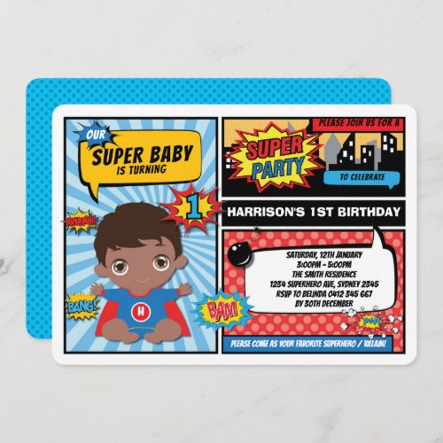 Superhero 1st Birthday Party  African American Invitation
