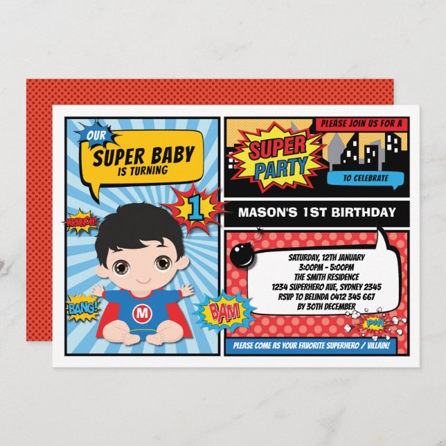 Superhero 1st Birthday Party Comics Superheroes Invitation (Front/Back)