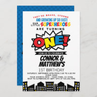 Superhero 1st Birthday Twins Invitation