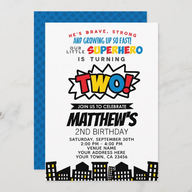 Superhero 2nd Birthday Invitation (Front/Back)