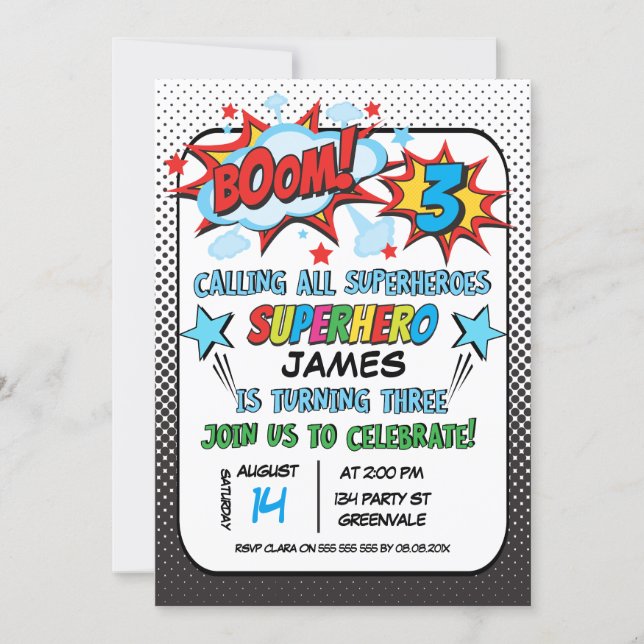 Superhero 3rd birthday Party Invitation (Front)