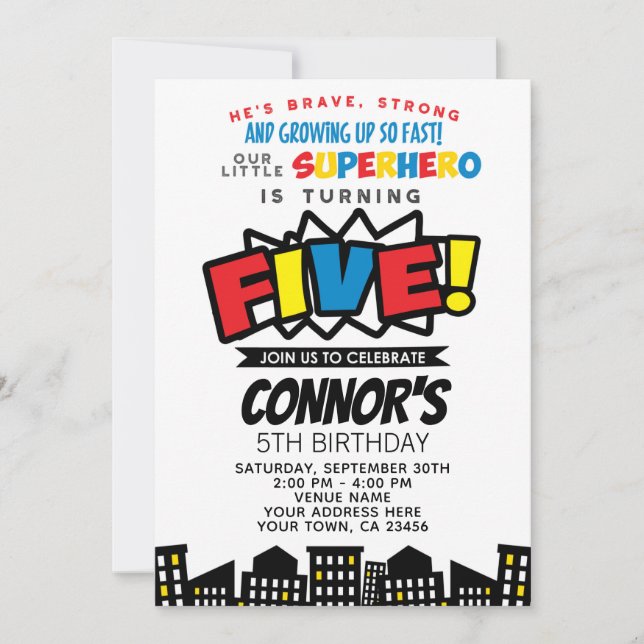 Superhero 5th Birthday Invitation (Front)