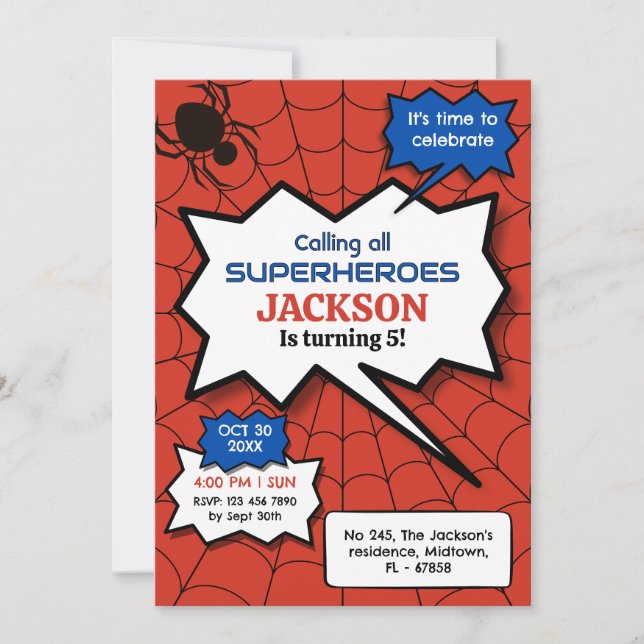 Superhero 5th birthday kids spider red black   invitation (Front)