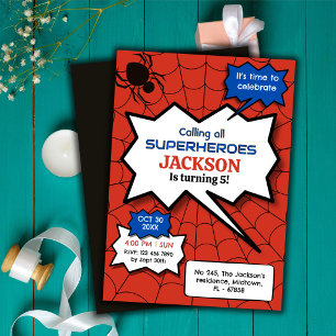 Superhero 5th birthday kids spider red black invitation