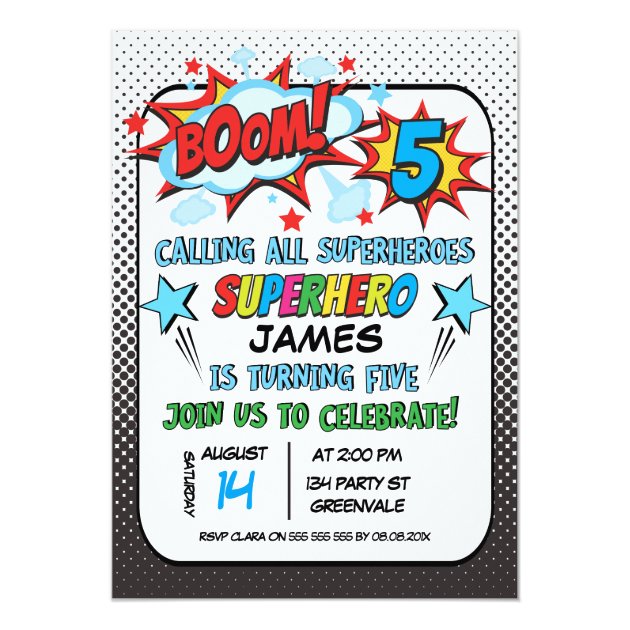 Superhero 5th Birthday Party Invitation