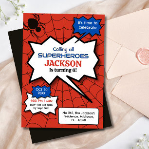 Superhero 6th birthday kids spider red black   invitation