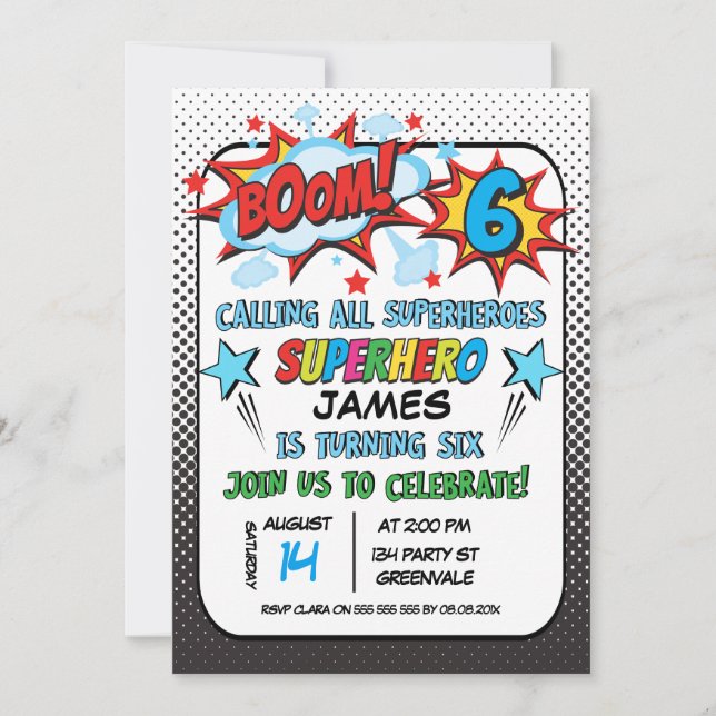 Superhero 6th birthday Party Invitation (Front)