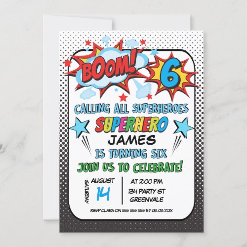Superhero 6th birthday Party Invitation