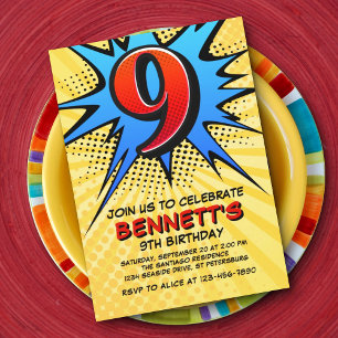 Superhero 9th Birthday Invitation