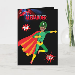 Superhero Amazing Green Flying Boy Fab Birthday Card