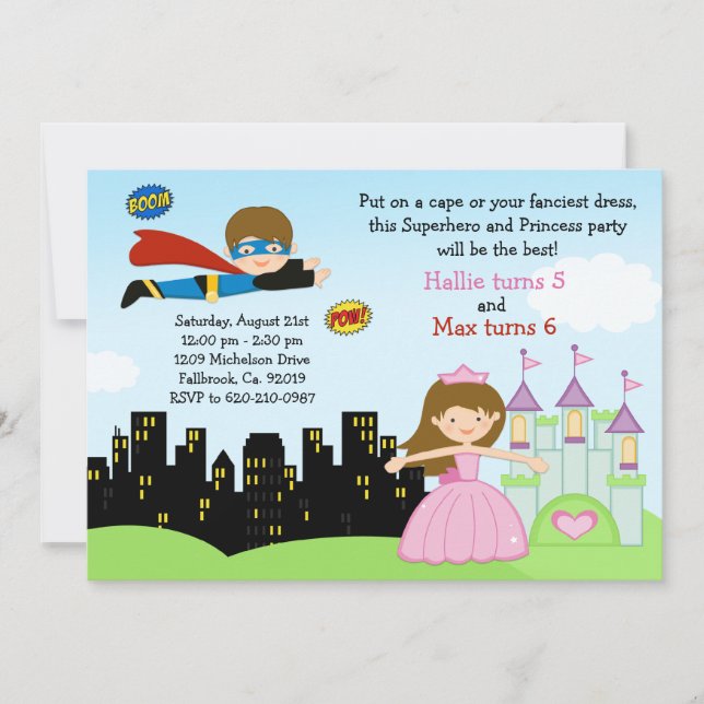 Superhero and Princess Birthday Party Invitation (Front)