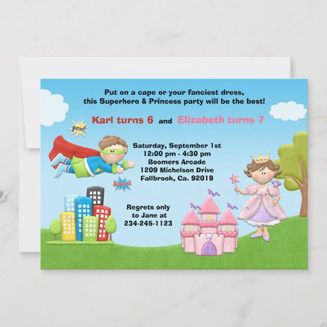 Superhero and Princess Birthday Party Invitation (Front)