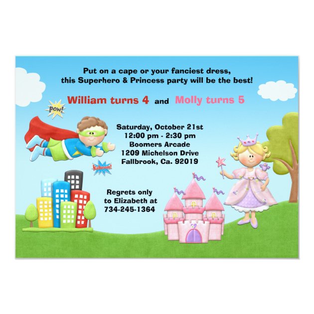 Superhero And Princess Birthday Party Invitation