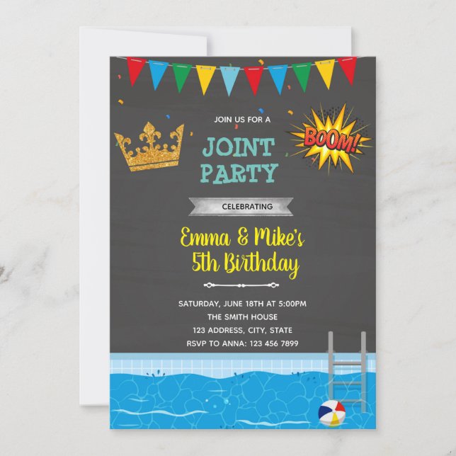 Superhero and princess swim theme invitation (Front)